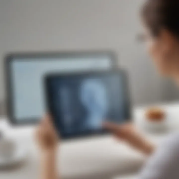 A therapist guiding a stroke patient using a tablet for speech therapy.