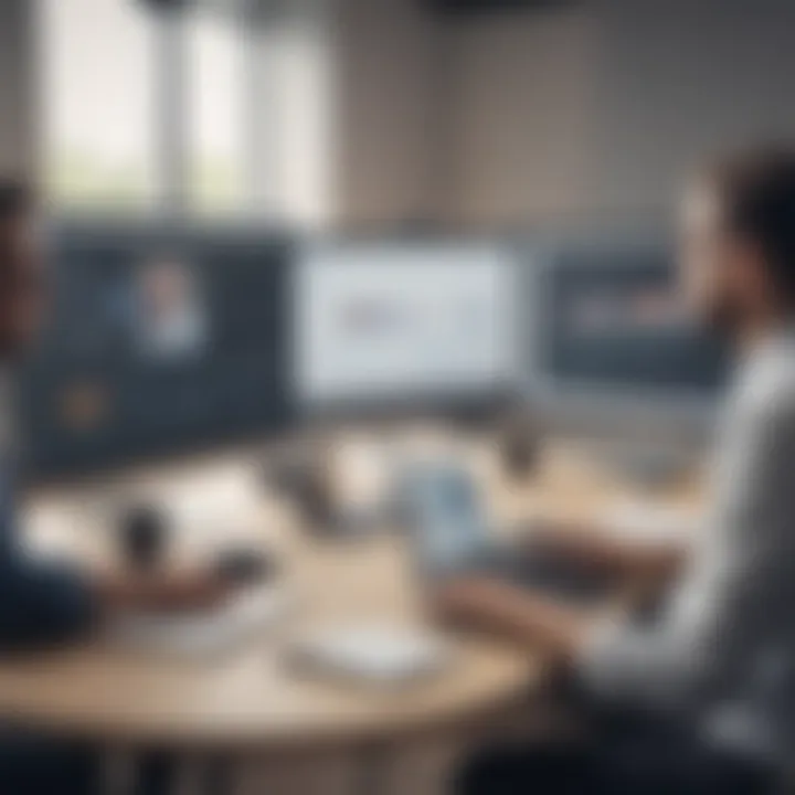 A business team discussing webinar software options in a meeting