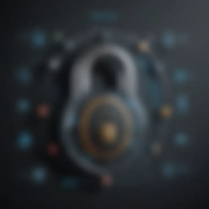 Security protocols represented with digital locks and encryption icons