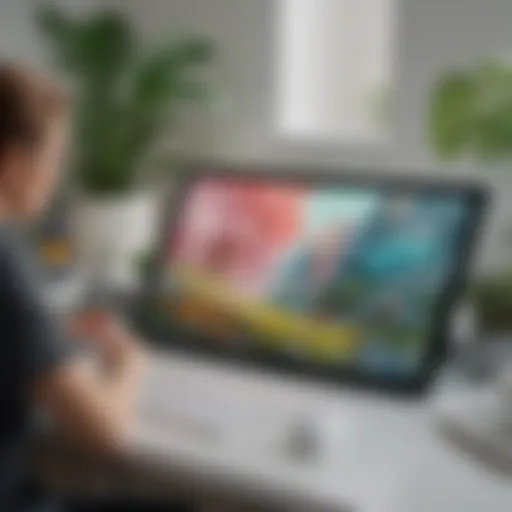 A digital artist showcasing a vibrant workspace with Adobe Fresco on a tablet.