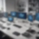 A modern office setting showcasing various devices connected to a central management system.