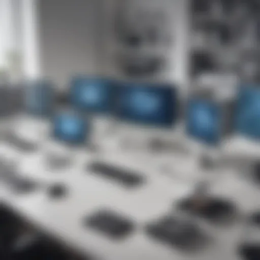 A modern office setting showcasing various devices connected to a central management system.